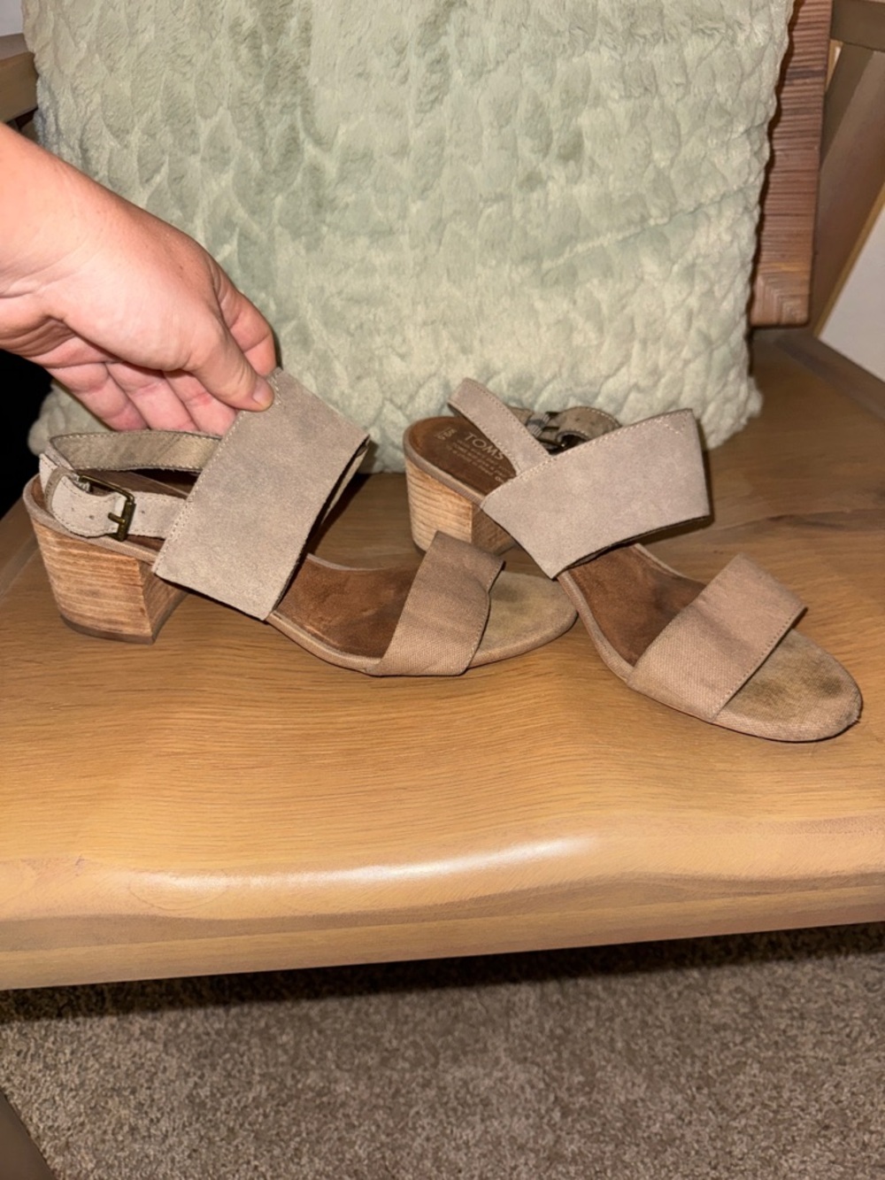 TOMS Beige Taupe Suede Two-Strap Block Heel Sandals